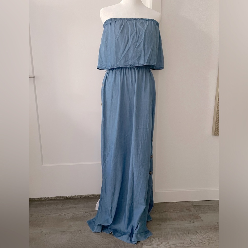 Strapless Long Maxi Summer Dress NWT Size Small Light Blue Denim Cinched Waist